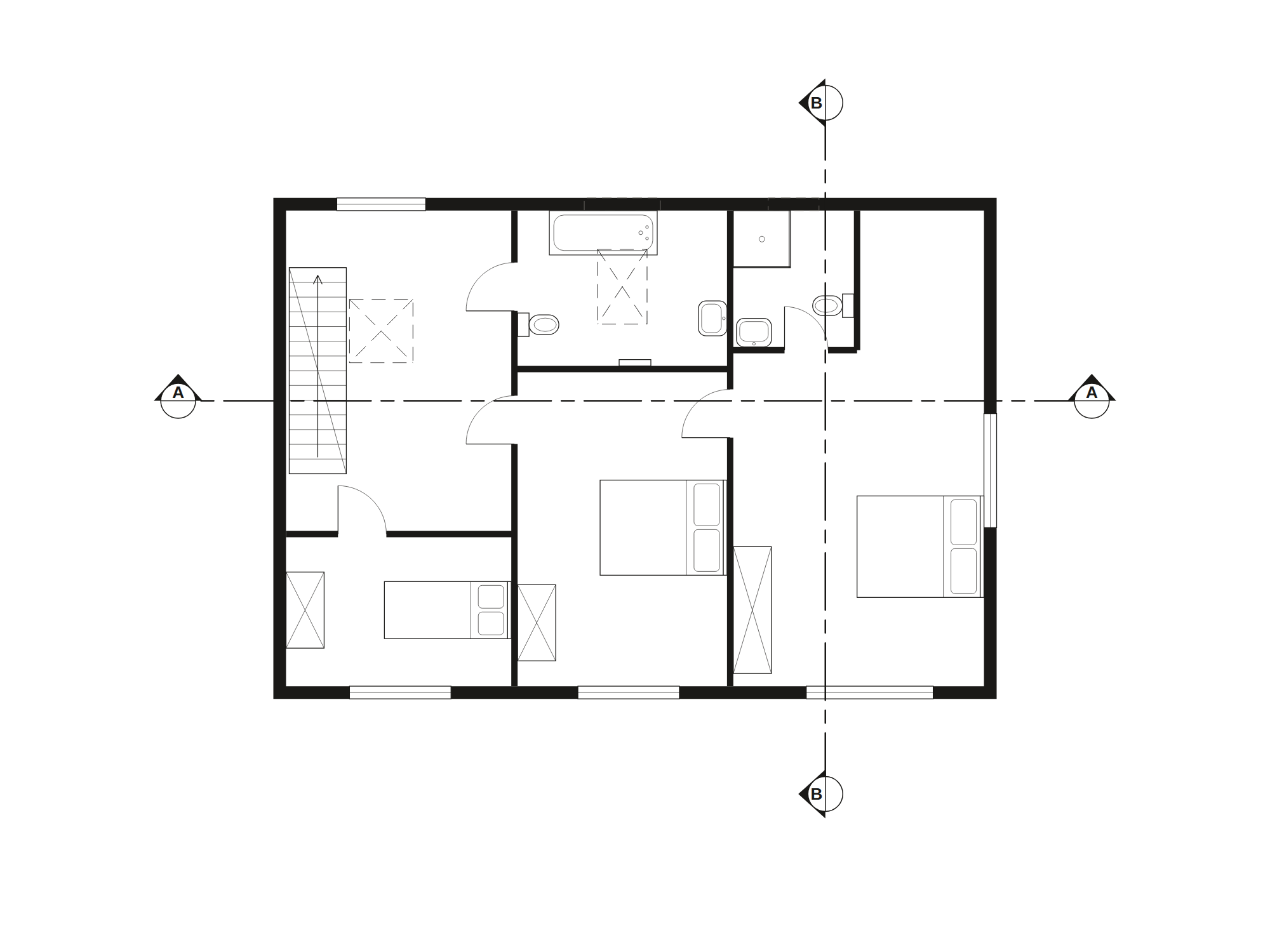 First floor plan of the same house: three bedrooms, a bathroom and a shower room, the head of the stair, rooflights over the wing