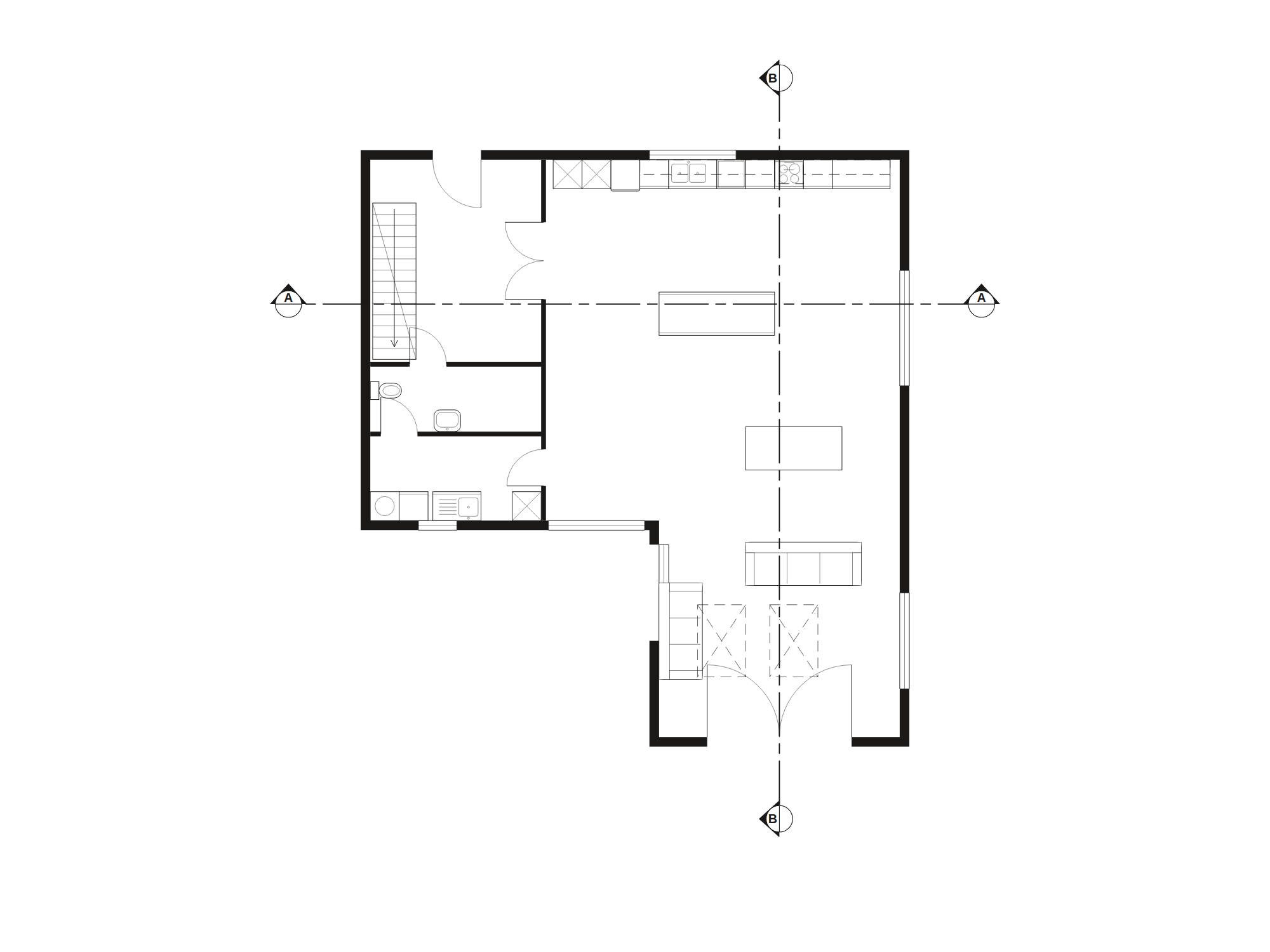 Ground floor plan of a contemporary house: an L-shaped plan with a kitchen run, an island, a dining table, two sofas in the garden wing, a cloakroom and utility, a stair in the hall, and two section marks A and B