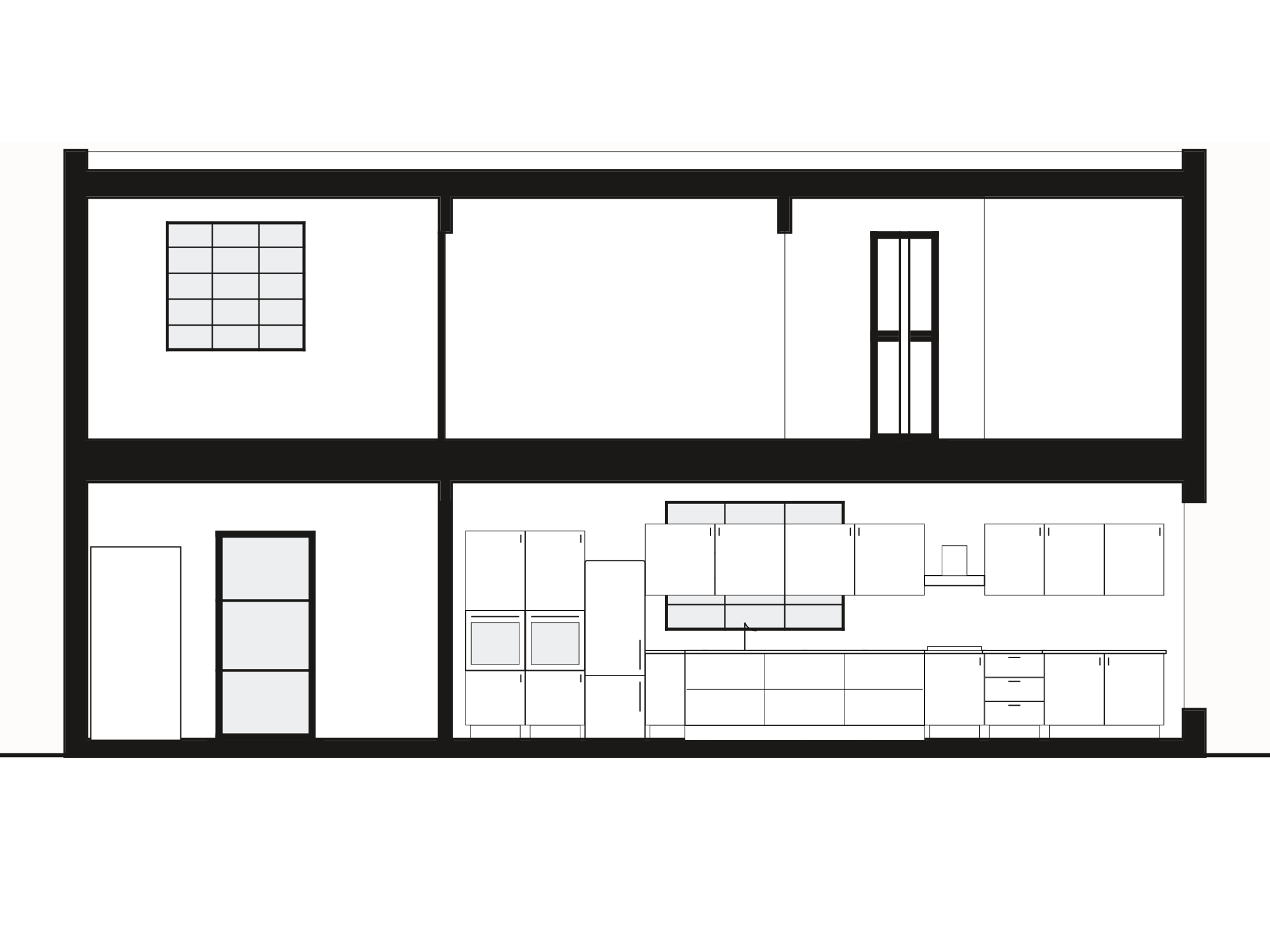 Section A-A through the same house: two storeys cut, the kitchen run and its wall units in elevation beyond, a glazed door, a window in the bedroom above, floor and ceiling construction drawn as thicknesses